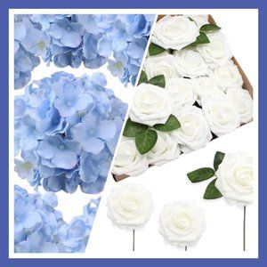 35 Piece | 25 White Roses & 10 Dusty Blue Hydrangeas Wedding Flower Floral